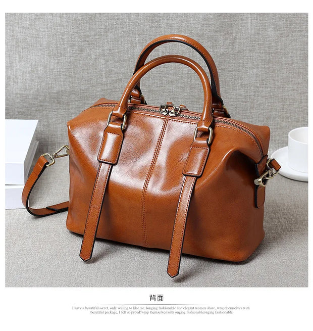 Retro Handheld Oil-Waxed Cowhide Leather Women's Boston Bag Large Capacity Trendy Women Shoulder Crossbody Bag Spacious Tote
