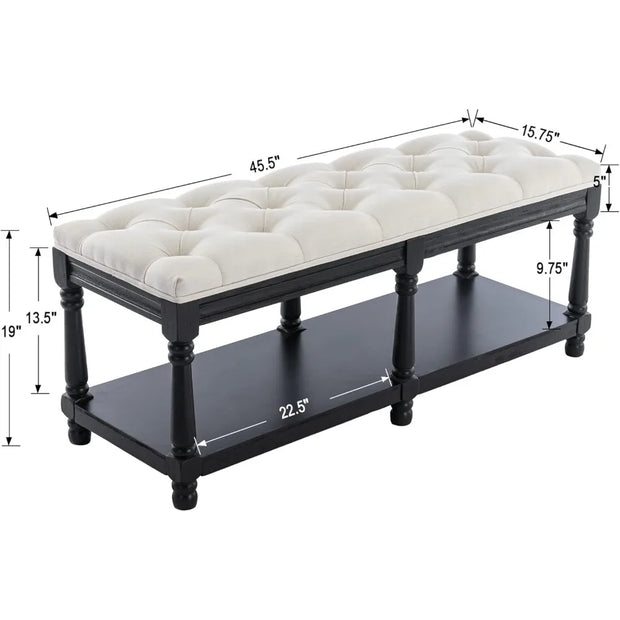 Extra-Long Button Tufted Storage Bench 45.5 Wide - Linen Fabric Upholstered Shoe Rack Entryway Furniture, End of Bed Bench