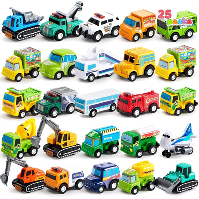 JOYFY 25 Pcs Kids Toy Cars Bulk, Pull Back Cars and Trucks Play Vehicles Set Mini Excavator for Boys and Girls Birthday Gift
