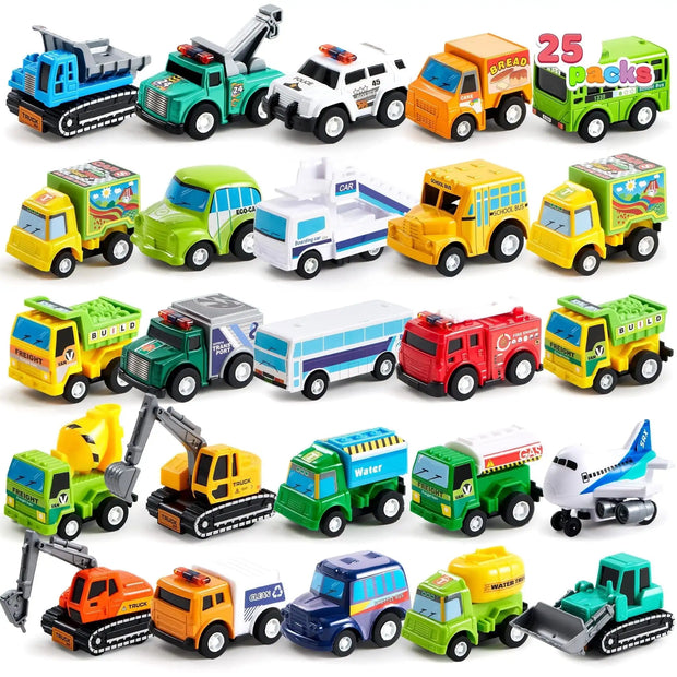 JOYFY 25 Pcs Kids Toy Cars Bulk, Pull Back Cars and Trucks Play Vehicles Set Mini Excavator for Boys and Girls Birthday Gift