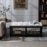 Extra-Long Button Tufted Storage Bench 45.5 Wide - Linen Fabric Upholstered Shoe Rack Entryway Furniture, End of Bed Bench