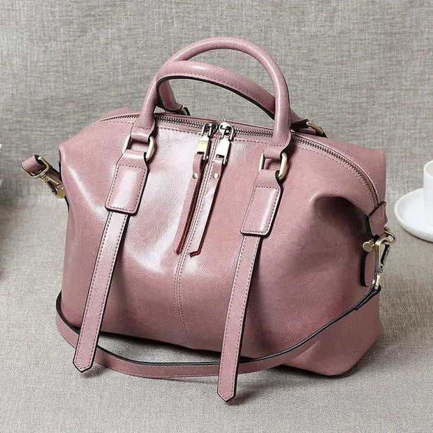 Retro Handheld Oil-Waxed Cowhide Leather Women's Boston Bag Large Capacity Trendy Women Shoulder Crossbody Bag Spacious Tote