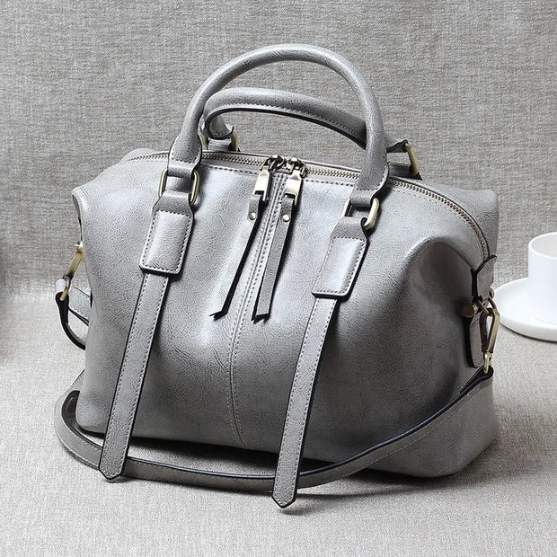 Retro Handheld Oil-Waxed Cowhide Leather Women's Boston Bag Large Capacity Trendy Women Shoulder Crossbody Bag Spacious Tote