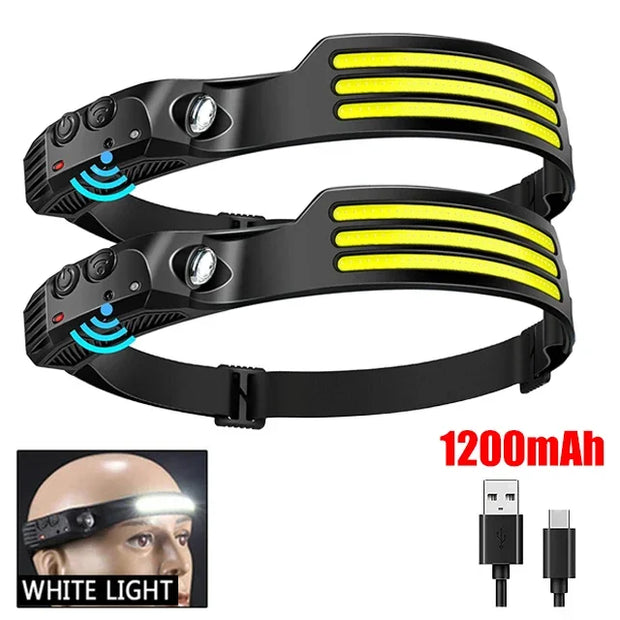 COB LED Sensor Head Lamp Induction Headlamp Built-in Battery Flashlight USB Rechargeable Head Torch 5 Lighting Modes Headlight