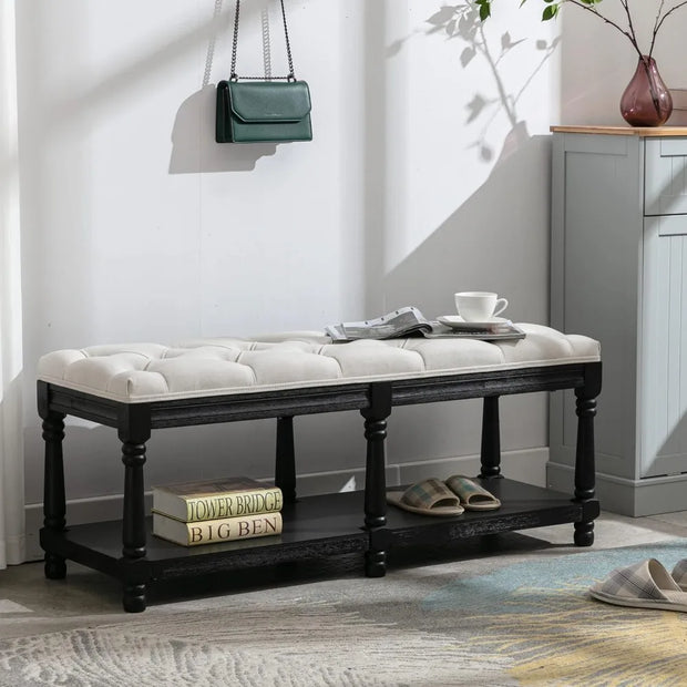 Extra-Long Button Tufted Storage Bench 45.5 Wide - Linen Fabric Upholstered Shoe Rack Entryway Furniture, End of Bed Bench