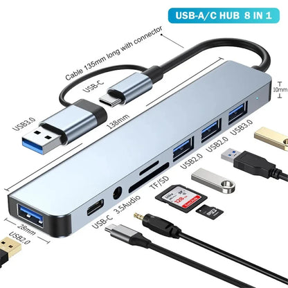 8 In 2 USB HUB With Splitter Card Reader, USB C Port, USB 3.0 / 2.0, SD/TF Splitter Card Reader, Docking Station