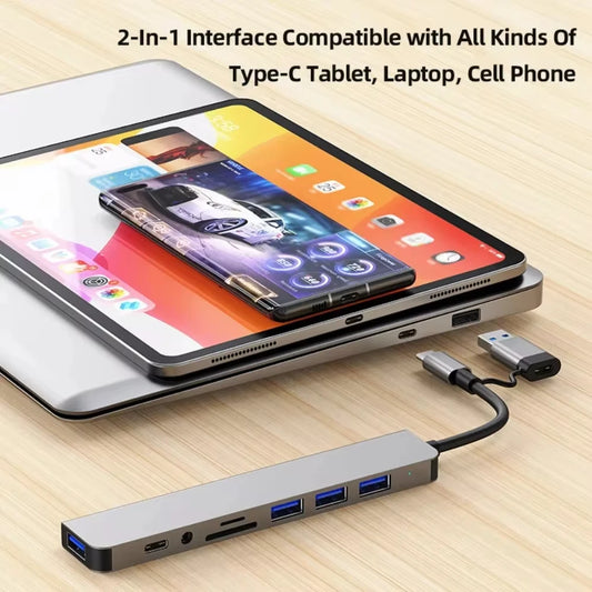 8 In 2 USB HUB With Splitter Card Reader, USB C Port, USB 3.0 / 2.0, SD/TF Splitter Card Reader, Docking Station