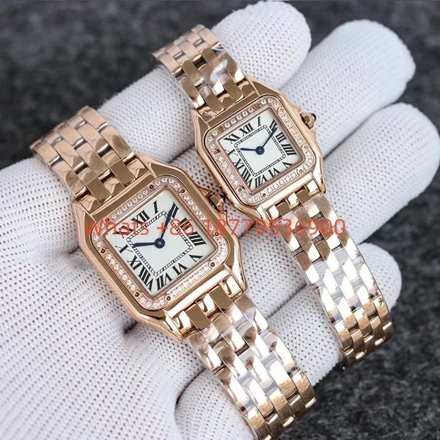 Custom Women Luxury Brand Square Roman Dial Gold And Silver Women's Steel With Diamond Case Quartz Movement Watches