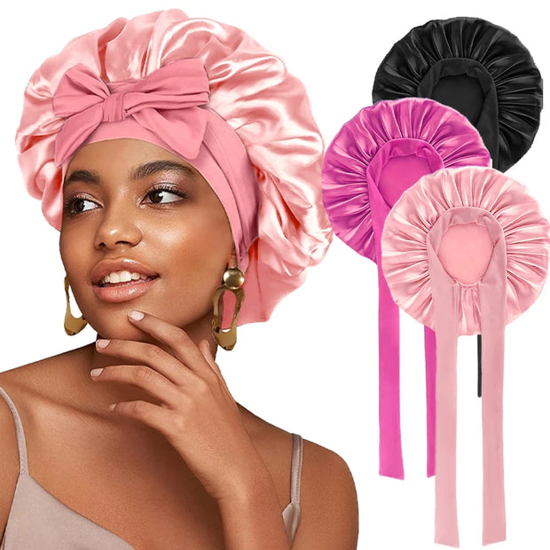 New Satin Solid Sleeping Hat With Stretchy Tie Band Elastic For Women Night Shower Cap Adjustable Hair Head Cover Bonnet Turban