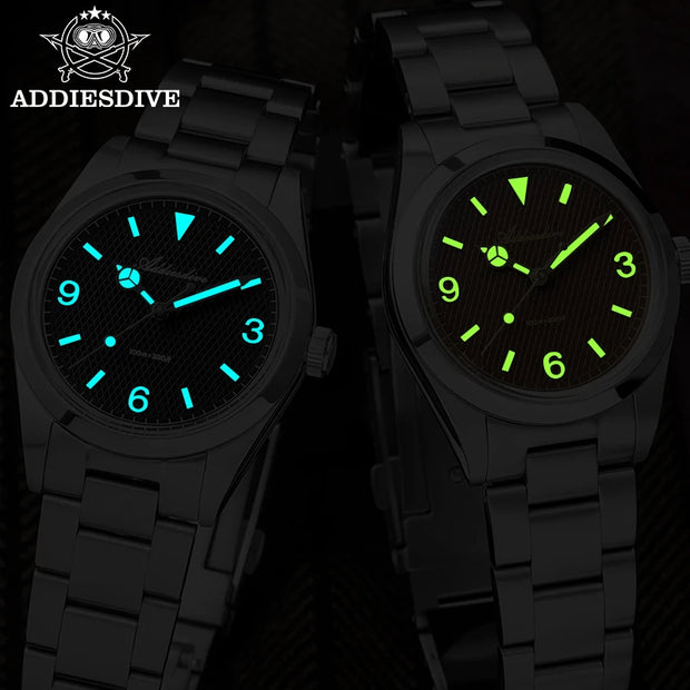 ADDIESDIVE New Men's Analog Watch Bubble Mirror Glass 100m Luminous Men's Quartz Watches with Stainless Steel Bracelet AD2096
