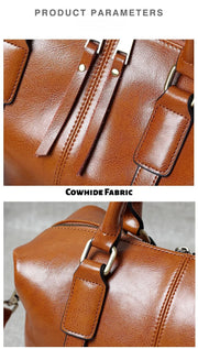 Retro Handheld Oil-Waxed Cowhide Leather Women's Boston Bag Large Capacity Trendy Women Shoulder Crossbody Bag Spacious Tote