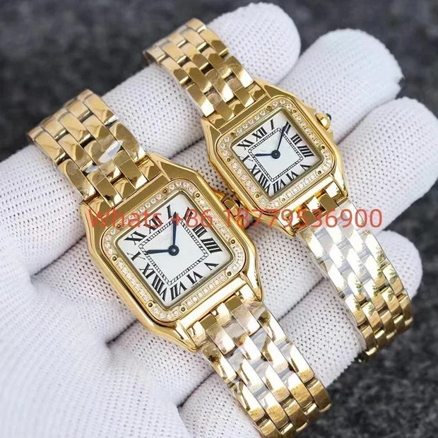 Custom Women Luxury Brand Square Roman Dial Gold And Silver Women's Steel With Diamond Case Quartz Movement Watches