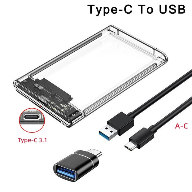 Transparent HDD Case HDD Enclosure 2.5 Inch SSD SATA To USB 3.0 Type-C 3.1 Adapter Portable External Hard Drive Box Tool-Free