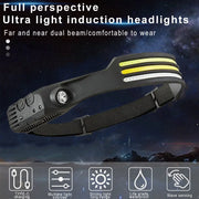 COB LED Sensor Head Lamp Induction Headlamp Built-in Battery Flashlight USB Rechargeable Head Torch 5 Lighting Modes Headlight