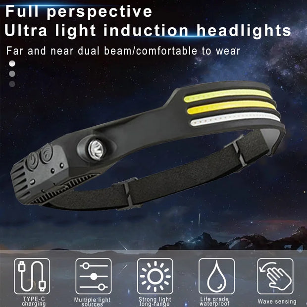COB LED Sensor Head Lamp Induction Headlamp Built-in Battery Flashlight USB Rechargeable Head Torch 5 Lighting Modes Headlight