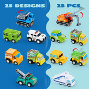JOYFY 25 Pcs Kids Toy Cars Bulk, Pull Back Cars and Trucks Play Vehicles Set Mini Excavator for Boys and Girls Birthday Gift