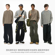 Color Block Streetwear T-Shirt Men's Loose Fit Long Sleeve Striped Top American Style Casual Shirt Crewneck Pullover Fall Winter