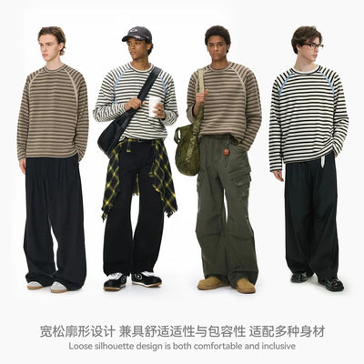 Color Block Streetwear T-Shirt Men's Loose Fit Long Sleeve Striped Top American Style Casual Shirt Crewneck Pullover Fall Winter