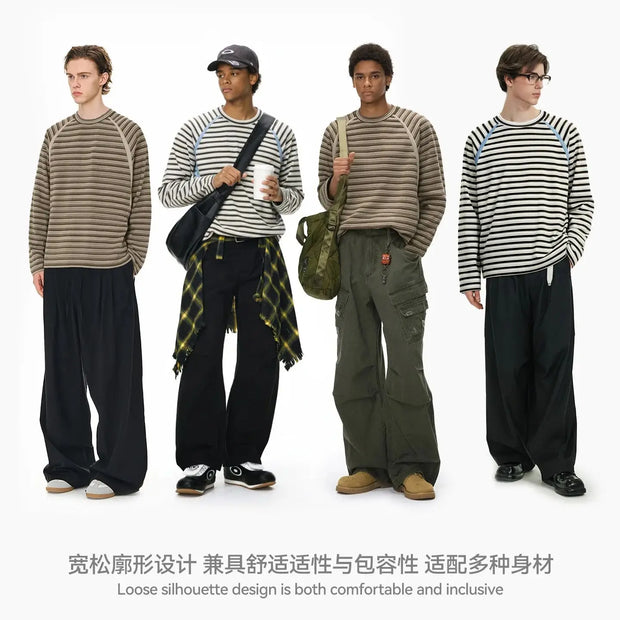 Color Block Streetwear T-Shirt Men's Loose Fit Long Sleeve Striped Top American Style Casual Shirt Crewneck Pullover Fall Winter