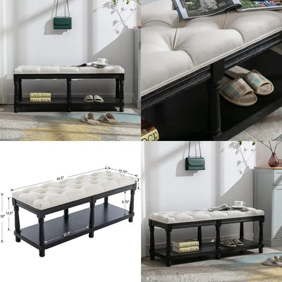 Extra-Long Button Tufted Storage Bench 45.5 Wide - Linen Fabric Upholstered Shoe Rack Entryway Furniture, End of Bed Bench