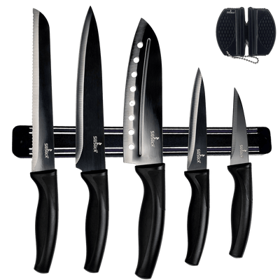 Kitchen Knife Set Kit | Black Magnetic Rack & Sharpener