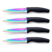 Steak Knife Set 4 Rainbow Titanium Coated Blades & Black Handles