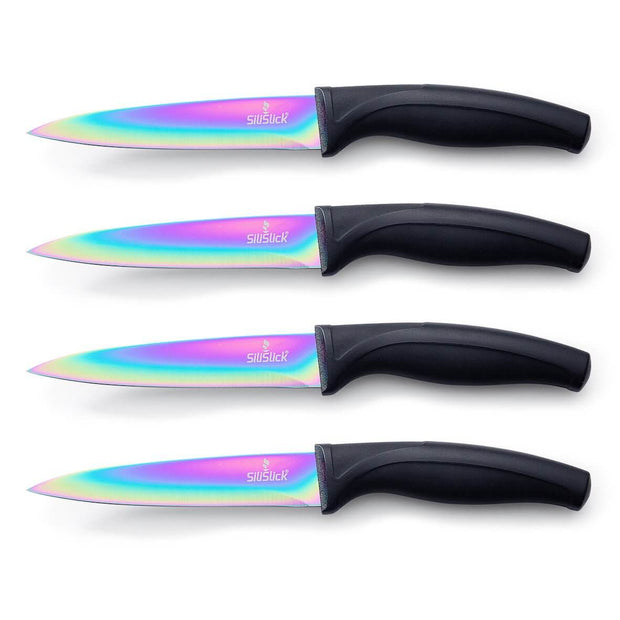 Steak Knife Set 4 Rainbow Titanium Coated Blades & Black Handles