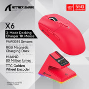 Attack Shark X6 Lightweight Wireless Gaming Mouse with 3 Mode Up to 26K DPI RGB Backlight Charging Base for Laptop Deskbtop