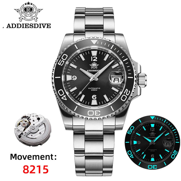 ADDIESDIVE New Diving Gift Watch Men 8215 Automatic Sapphire AR Coated Glass Ceramic Bezel Waterproof 200m Luminous Stainless St