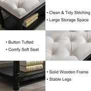 Extra-Long Button Tufted Storage Bench 45.5 Wide - Linen Fabric Upholstered Shoe Rack Entryway Furniture, End of Bed Bench