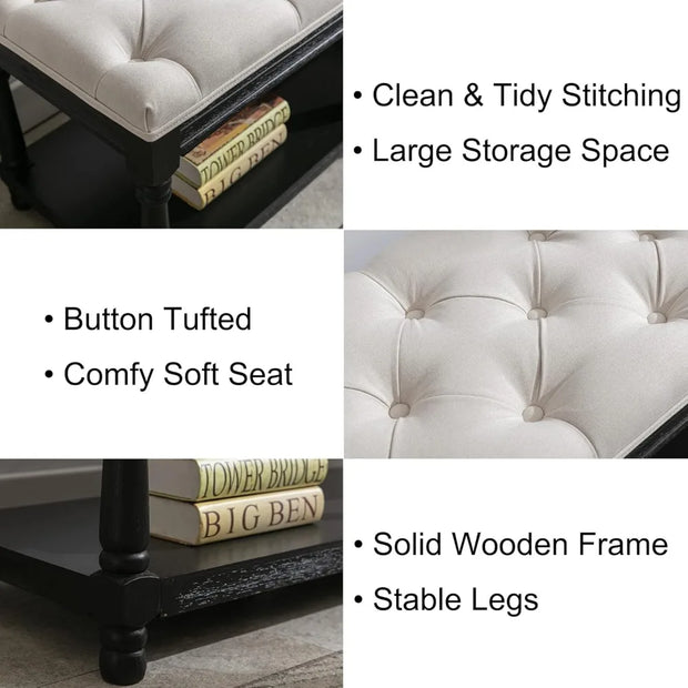 Extra-Long Button Tufted Storage Bench 45.5 Wide - Linen Fabric Upholstered Shoe Rack Entryway Furniture, End of Bed Bench