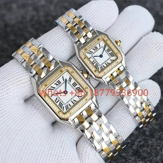 Custom Women Luxury Brand Square Roman Dial Gold And Silver Women's Steel With Diamond Case Quartz Movement Watches