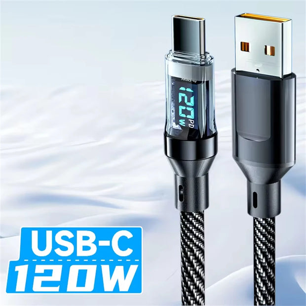 120W Type C to Type C Cable Phone Super Fast Charging Cable With LED Display USB To Type-C Data Cord For Xiaomi Samsung Huawei