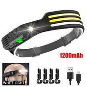 COB LED Sensor Head Lamp Induction Headlamp Built-in Battery Flashlight USB Rechargeable Head Torch 5 Lighting Modes Headlight