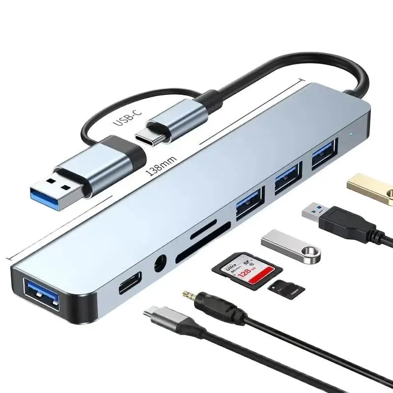 8 In 2 USB HUB With Splitter Card Reader, USB C Port, USB 3.0 / 2.0, SD/TF Splitter Card Reader, Docking Station