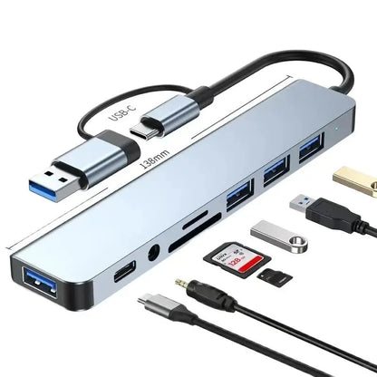 8 In 2 USB HUB With Splitter Card Reader, USB C Port, USB 3.0 / 2.0, SD/TF Splitter Card Reader, Docking Station