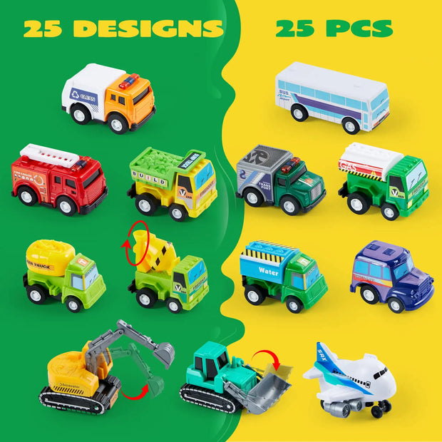 JOYFY 25 Pcs Kids Toy Cars Bulk, Pull Back Cars and Trucks Play Vehicles Set Mini Excavator for Boys and Girls Birthday Gift