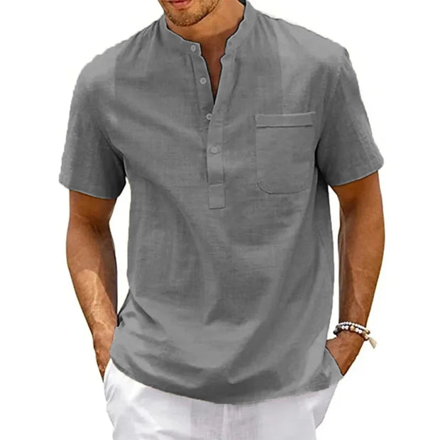 Summer Men's Cotton Short Sleeve T-shirt Solid Color Stand Collar Loose Pullover Shirt Thin Soft Comfortable Button T-shirt Top