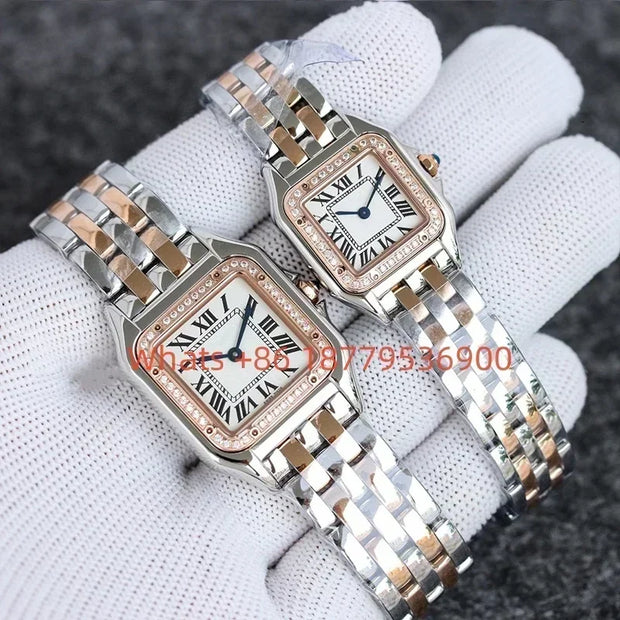 Custom Women Luxury Brand Square Roman Dial Gold And Silver Women's Steel With Diamond Case Quartz Movement Watches